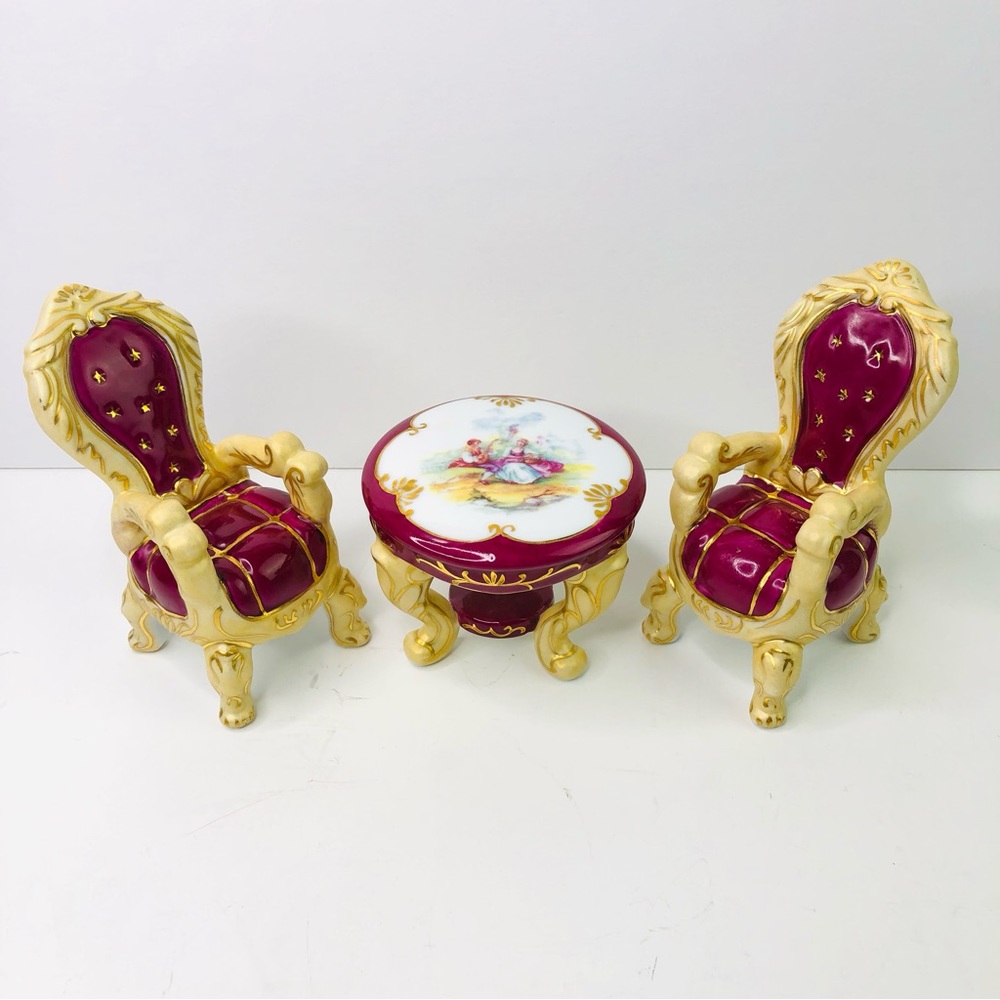Vintage 1898 China Company Miniture Porcelain Dollhouse Table & Chairs Set of 3